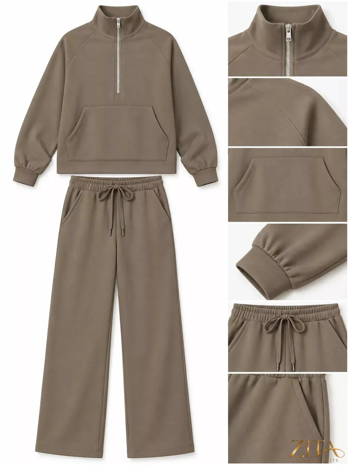 Zita La Belle Elite half-zip sweatshirt and wide-leg pants set in soft fabric, displayed on a hanger.