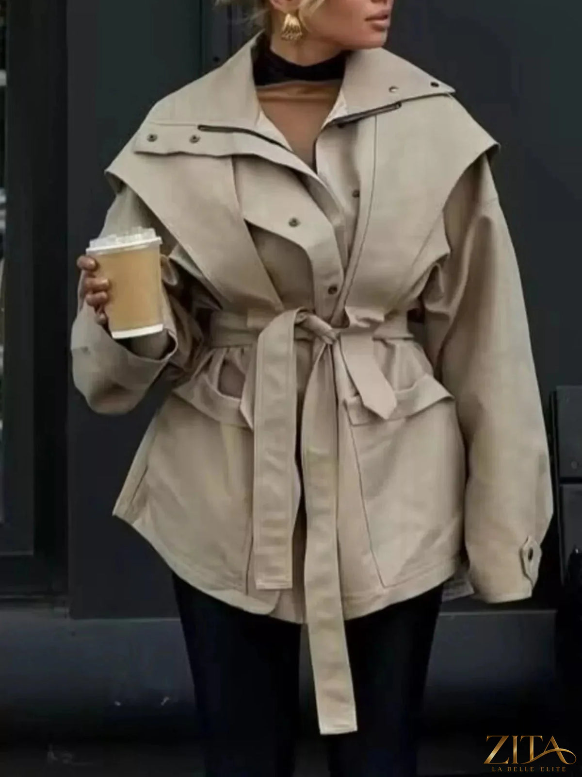 Zita La Belle Elite tie waist snap down trench coat featuring classic design, front snap buttons, and a stylish belt at the waist.