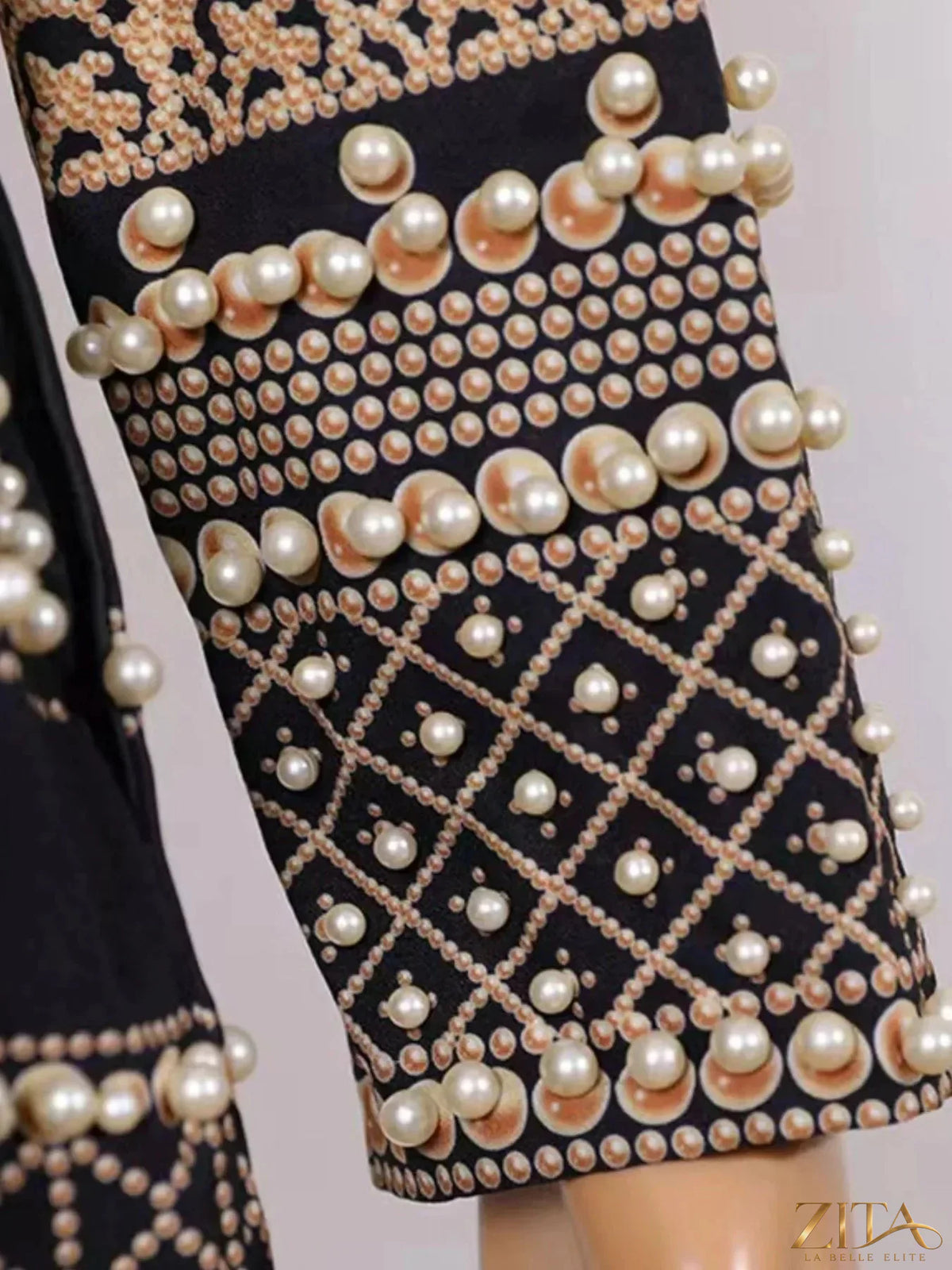 Plus size Zita La Belle Elite embellished pearl blazer with one button, full-length and tailored for a stylish look.