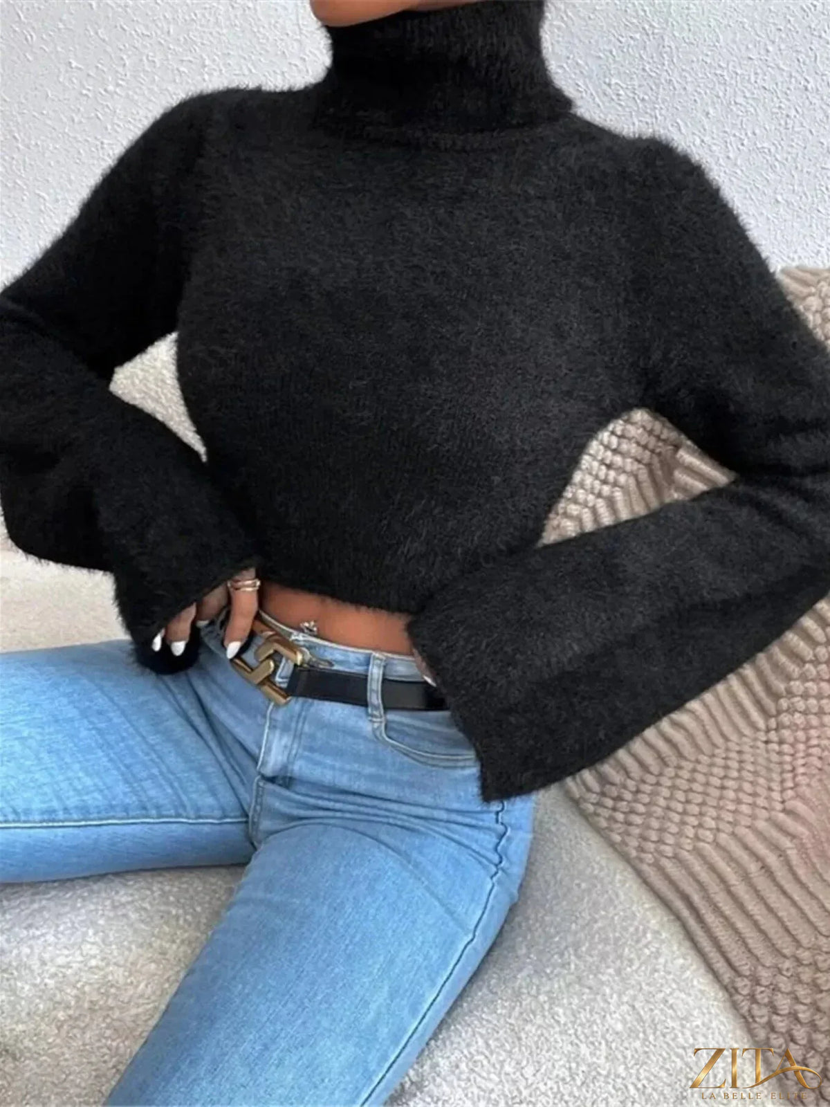 Trendsi turtleneck flare sleeve sweater in cozy knit fabric, featuring a fitted turtleneck and dramatic wide flare sleeves.