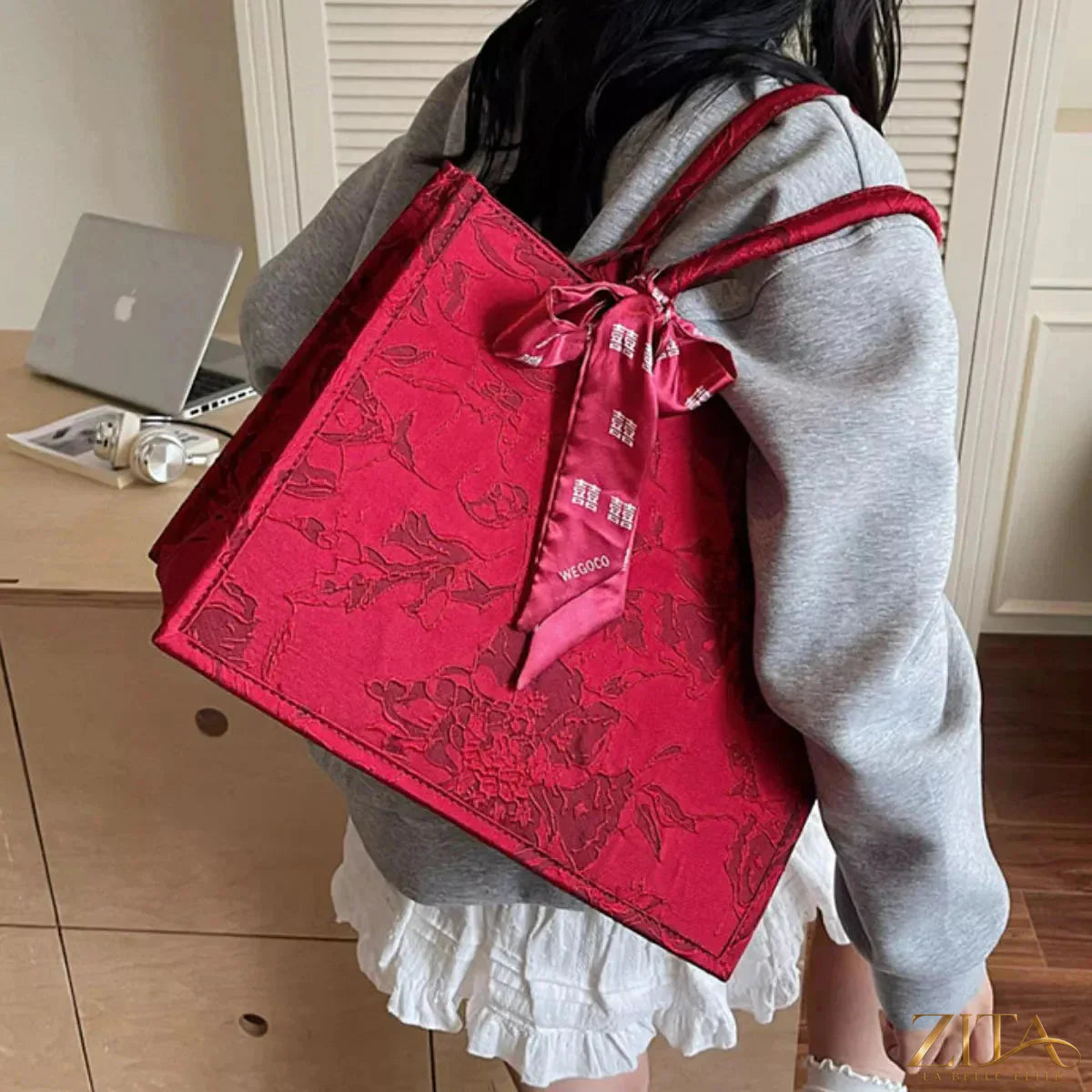 Zita La Belle Elite floral embossed tote handbag with scarf accent, showcasing elegant embossed floral design and stylish accessory.