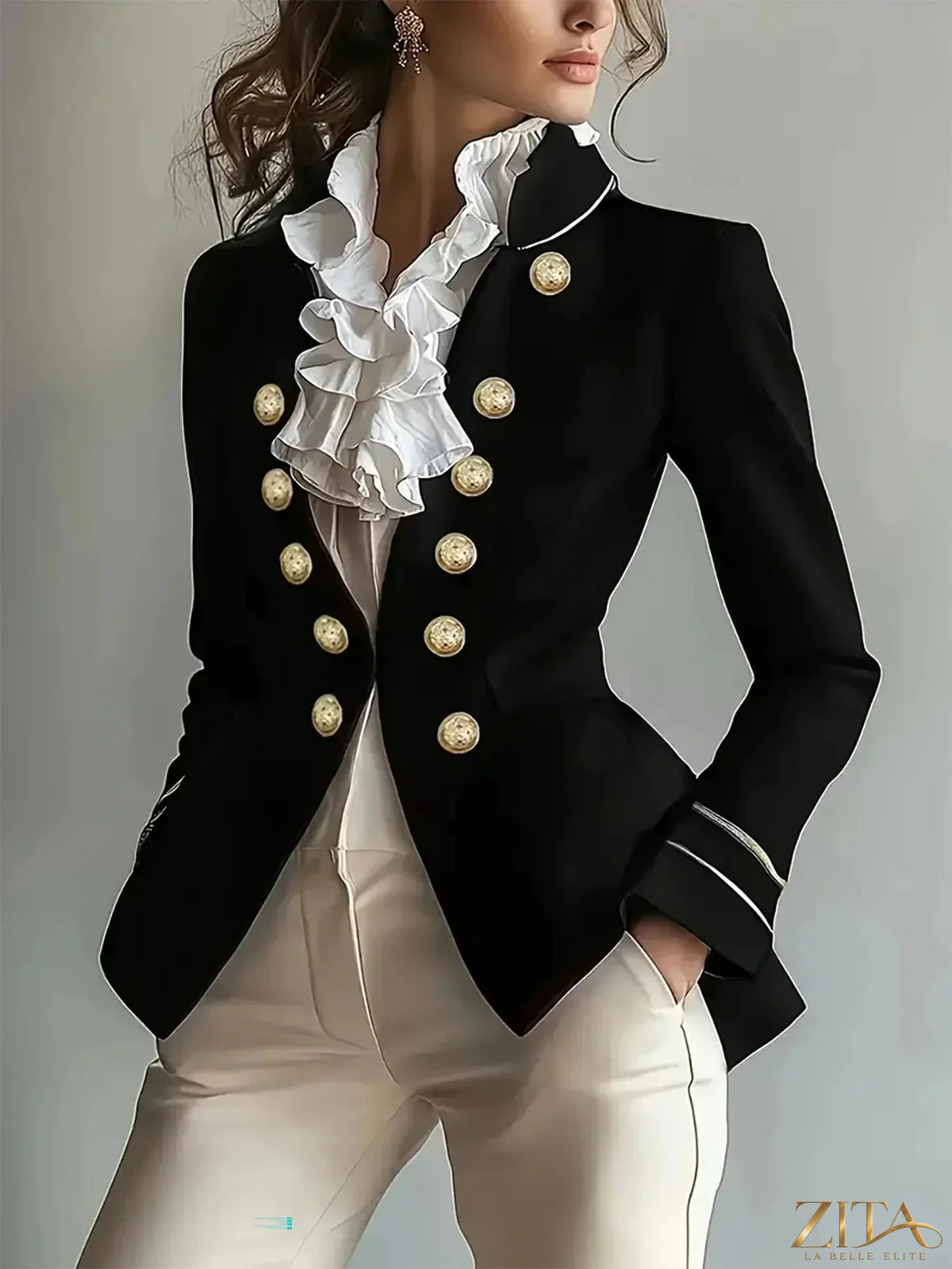 Zita La Belle Elite decorative button high-low blazer with cuff trim, stylish tailored jacket for women.