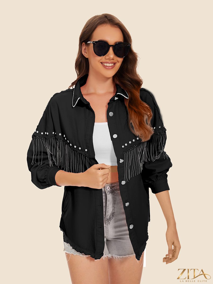 Zita La Belle Elite raw hem denim jacket with fringe details, showing close-up of distressed denim and fringe accents.