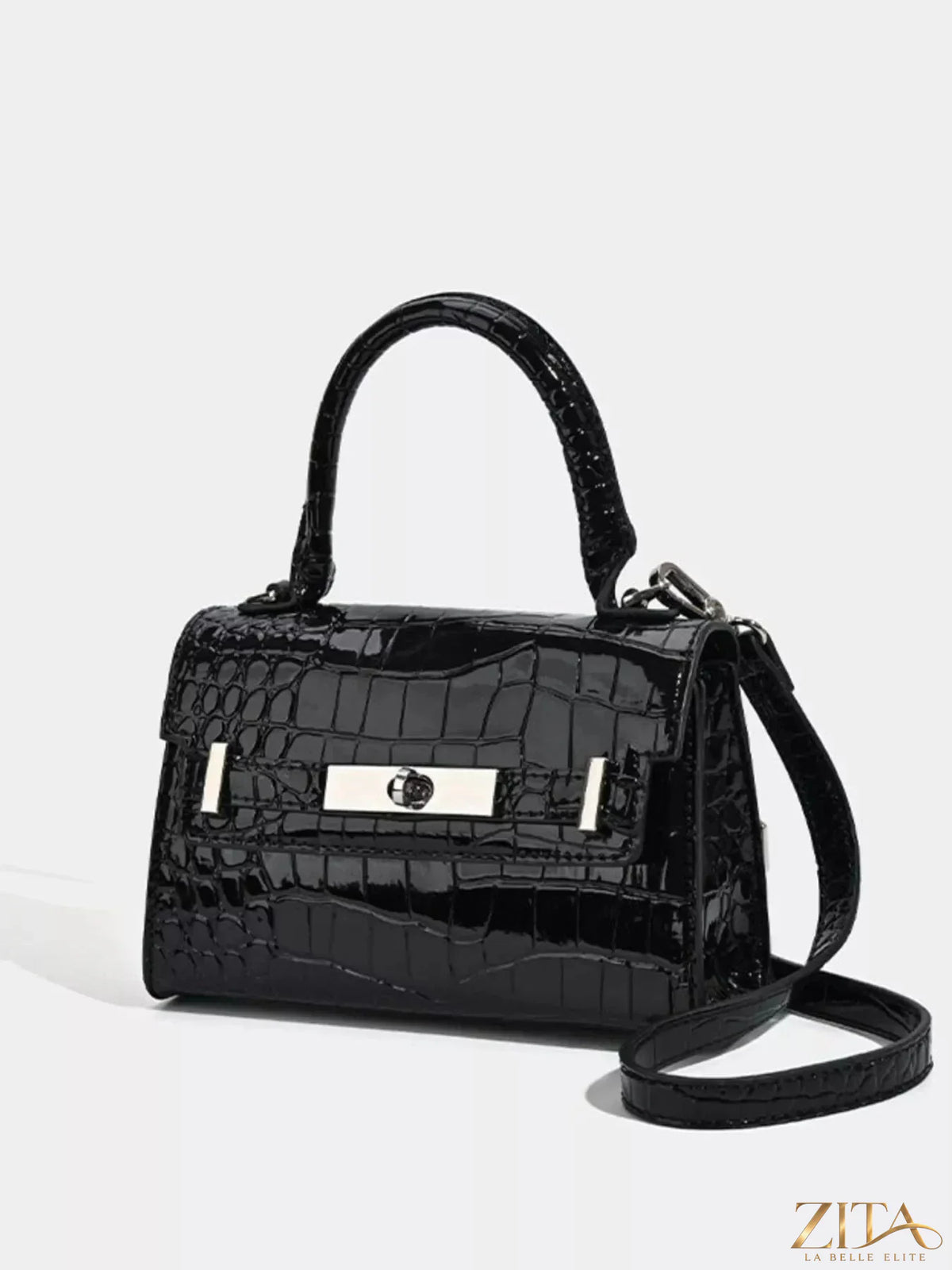 Zita La Belle Elite croc-embossed top handle handbag with sleek design and structured silhouette, featuring a sturdy handle and elegant finish.