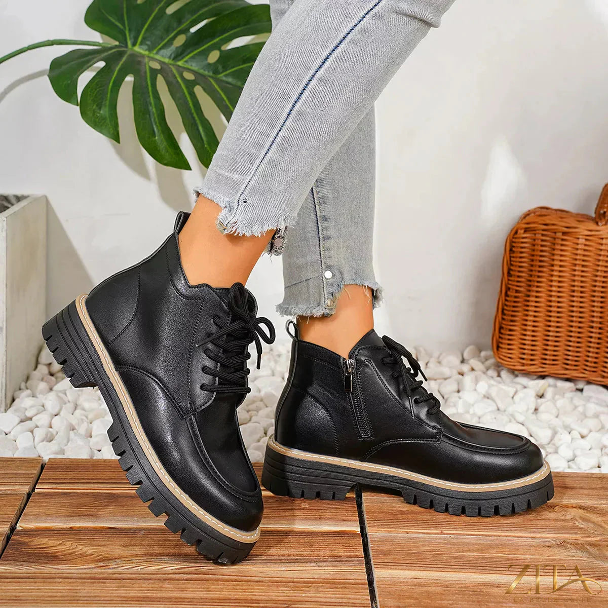 Zita La Belle Elite chunky lace-up combat boots with thick soles and rugged leather finish, stylish and durable footwear.