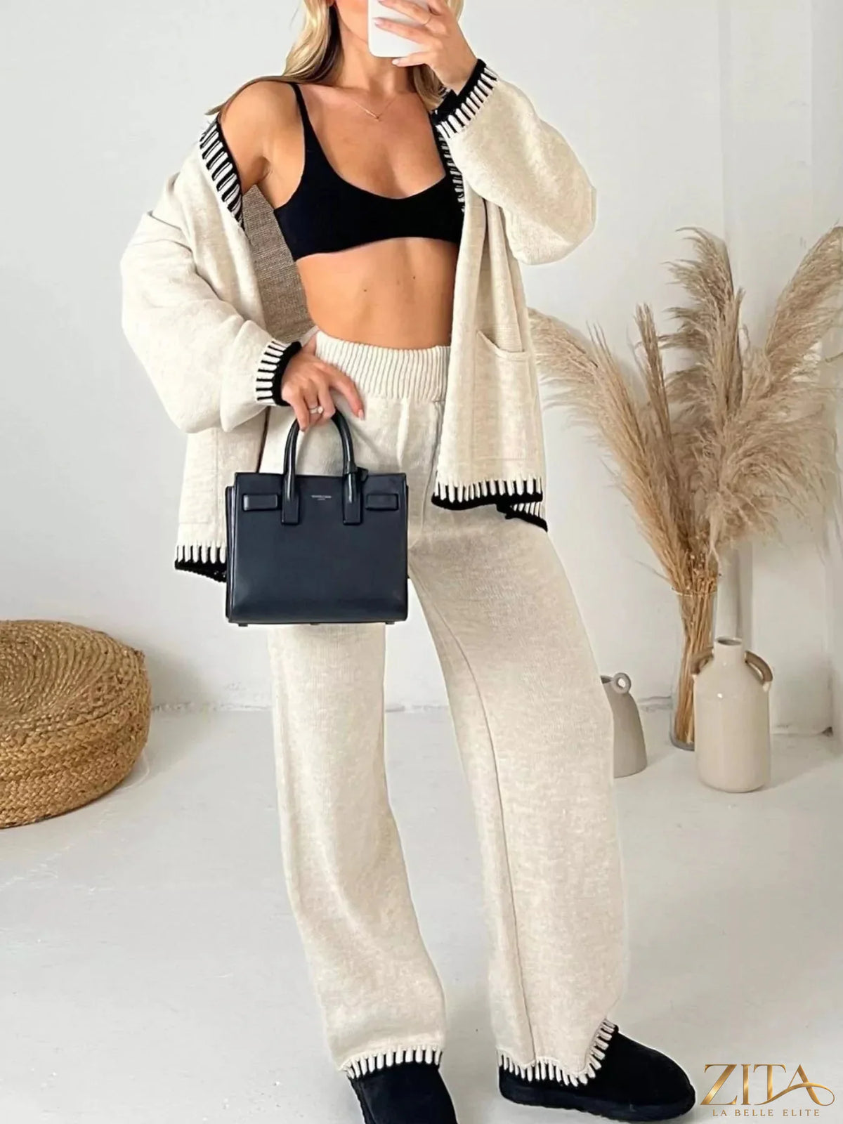 Zita La Belle Elite button-up V-neck cardigan and matching pants sweater set, cream-colored knit ensemble, close-up of fabric and design