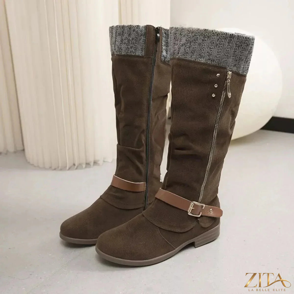 Zita La Belle Elite knee-high slouch boots with cozy knit cuff, stylish fall footwear, in black leather with relaxed slouch design.