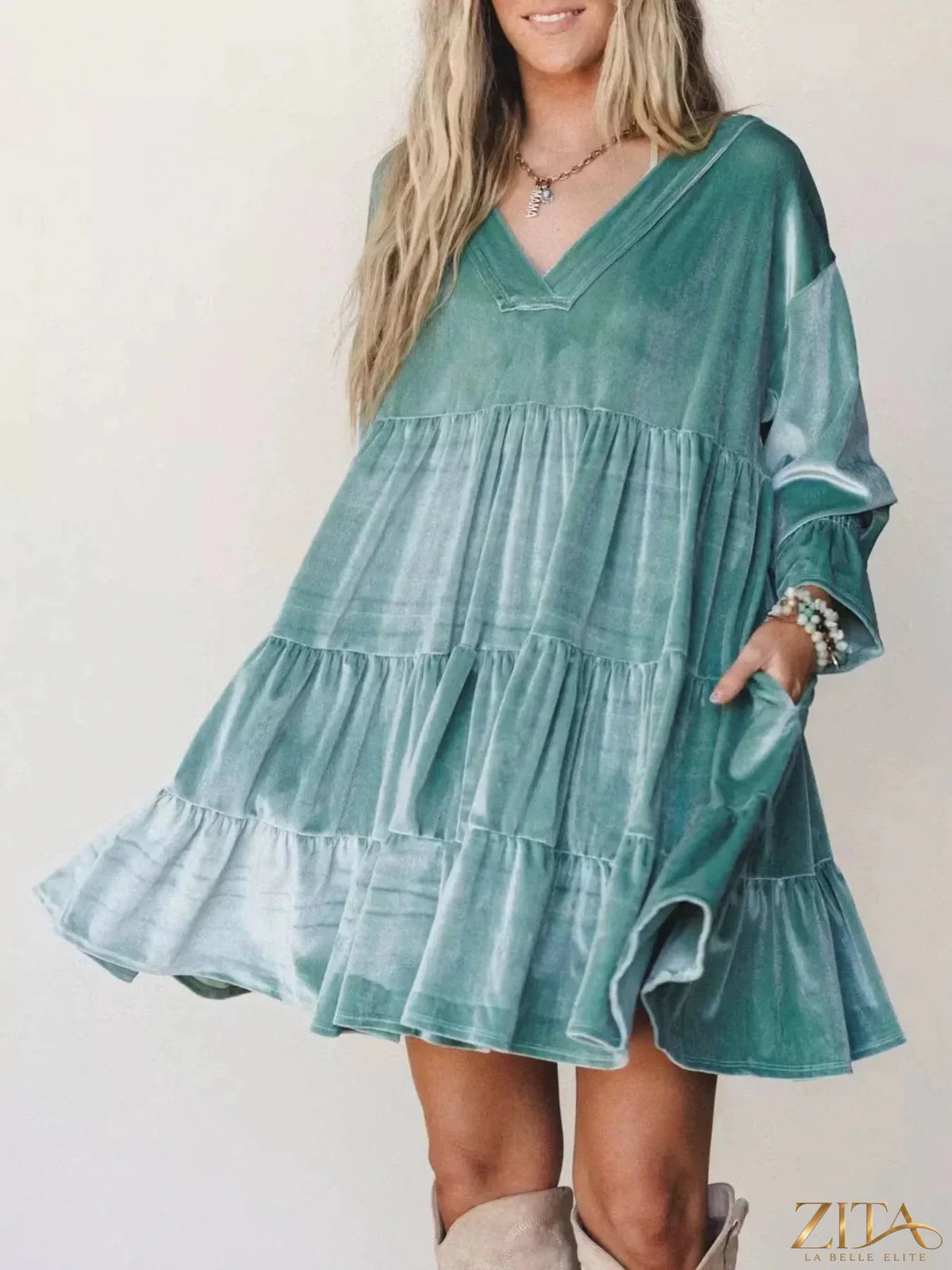 Velvet tiered mini dress with balloon sleeves from Zita La Belle Elite, featuring a stylish and elegant design.
