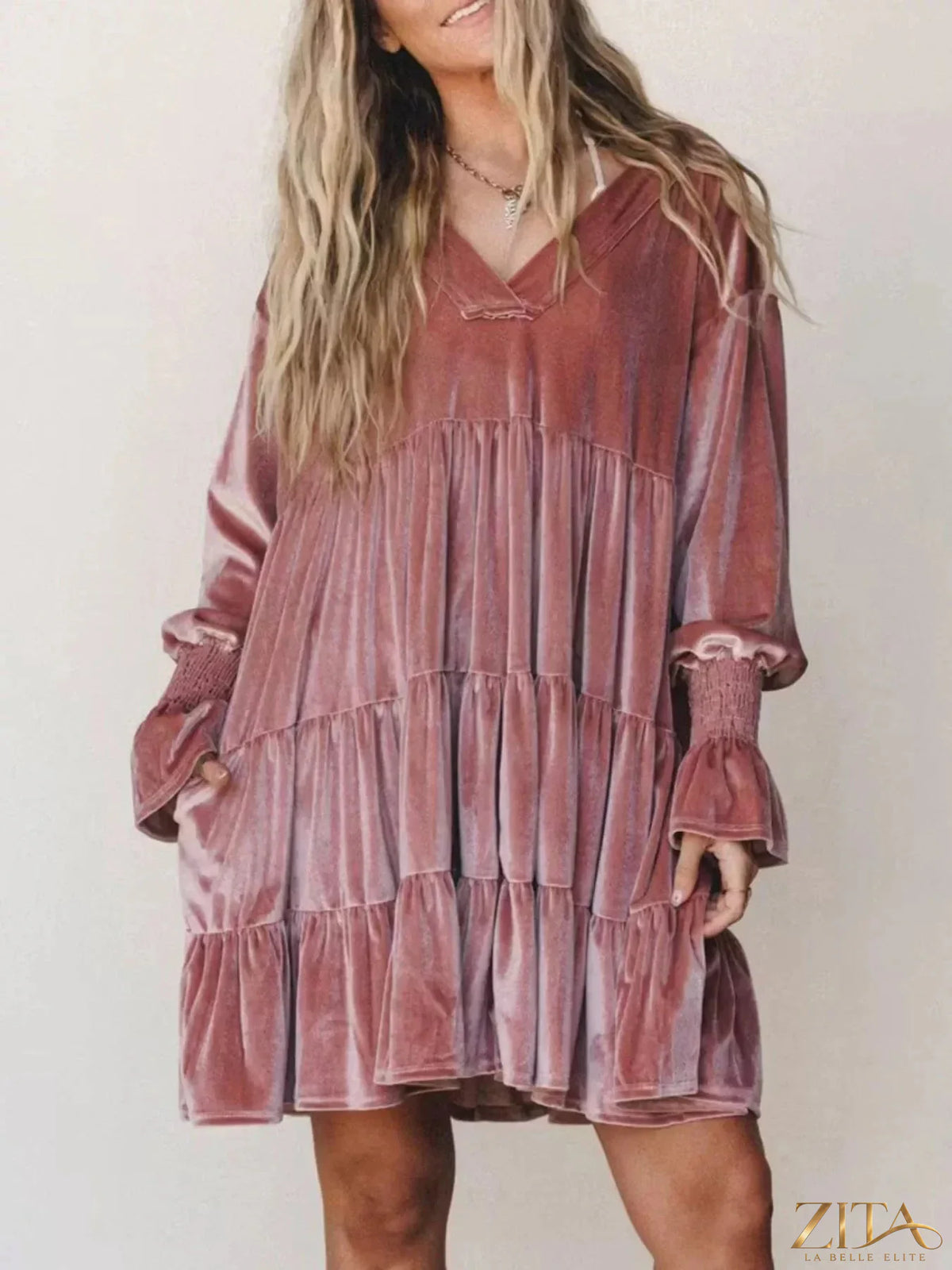 Velvet tiered mini dress with balloon sleeves by Zita La Belle Elite, featuring a stylish, flowy design and elegant silhouette.