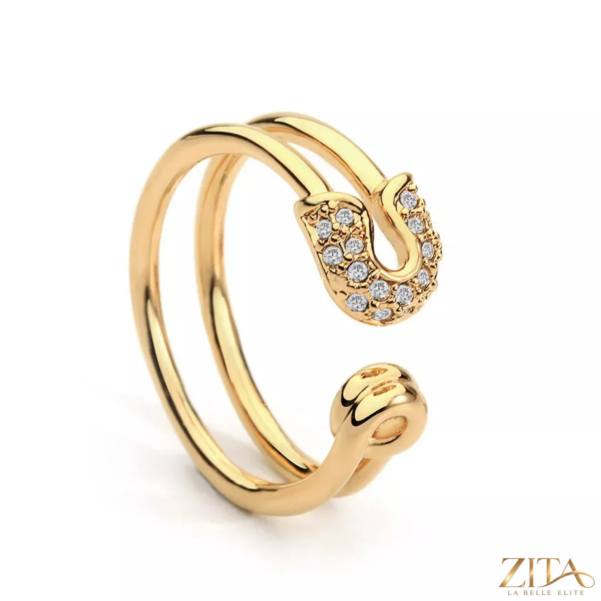 Zita La Belle Elite zircon double band open ring with sparkling stones on polished silver-tone band.