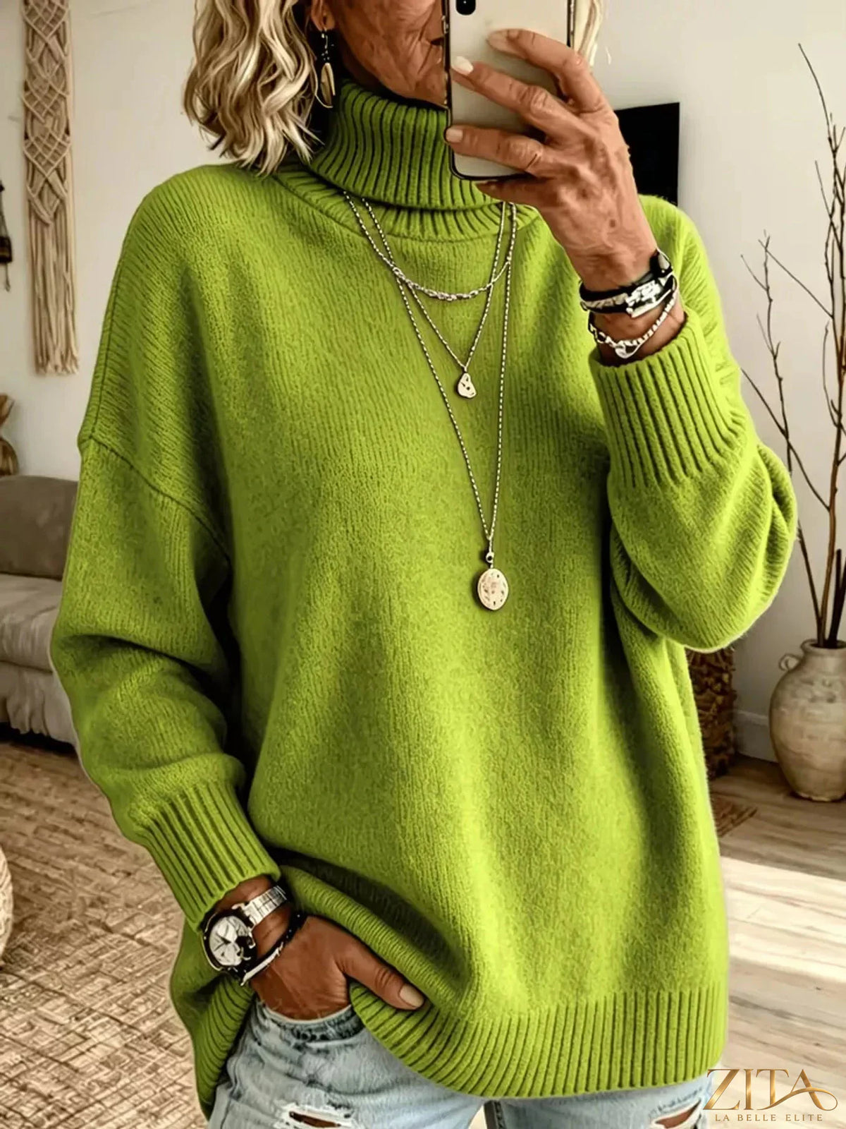Zita La Belle Elite turtleneck dropped shoulder sweater in soft knit fabric, featuring a relaxed fit and classic design.