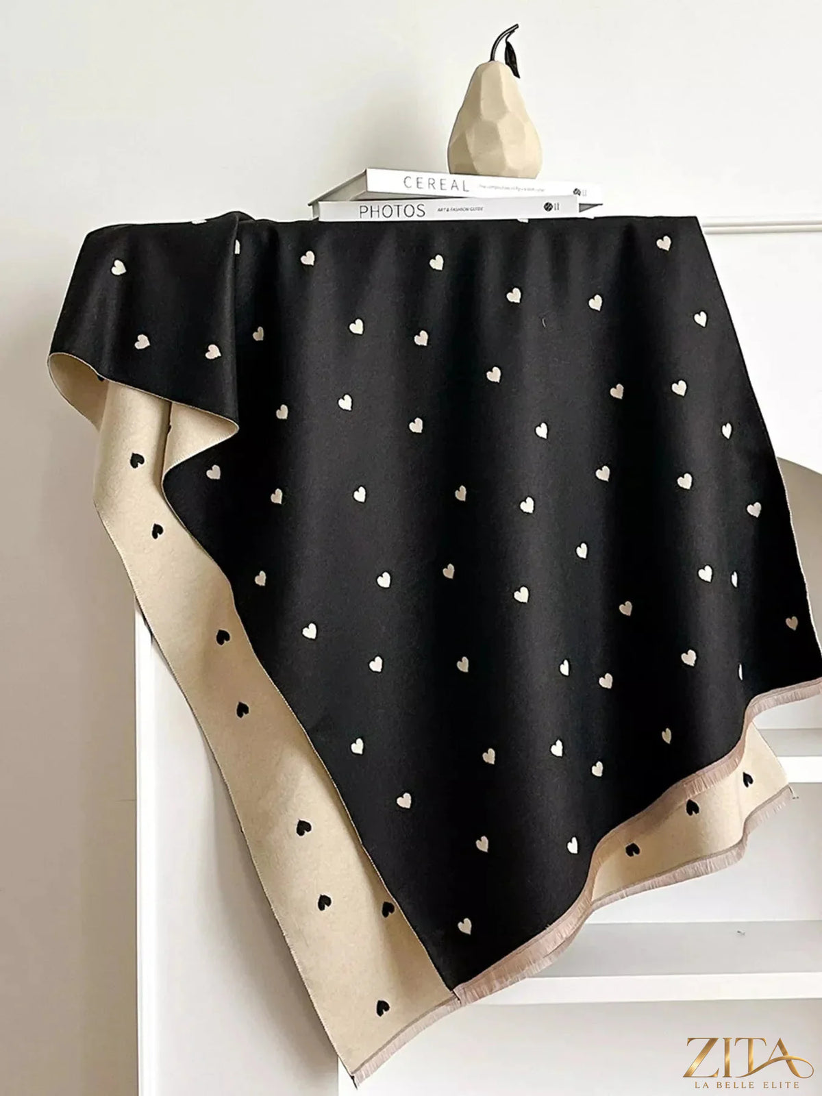 Zita La Belle Elite Heart Raw Hem Scarf featuring a soft fabric with raw hem edges and a heart pattern design.