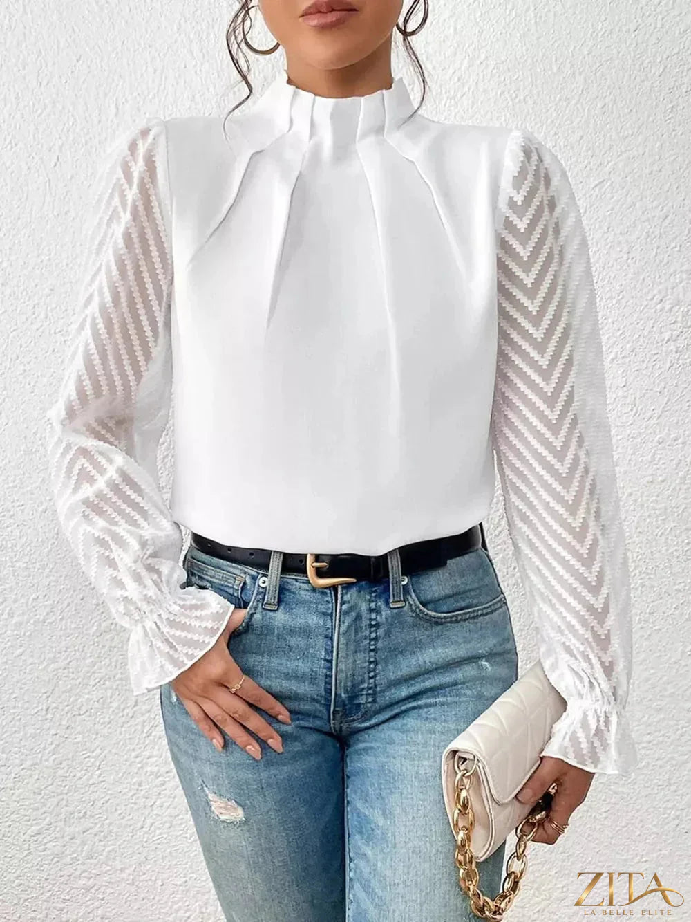 Zita La Belle Elite mock neck blouse with flounce sleeves, shown in a stylish, lightweight fabric with a feminine design.