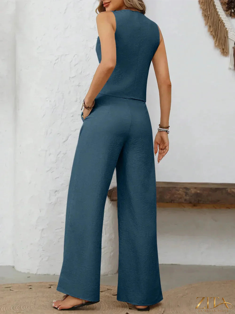 Zita La Belle Elite V-neck button-down vest and wide-leg pants set, featuring a stylish matching outfit with a sleek design.