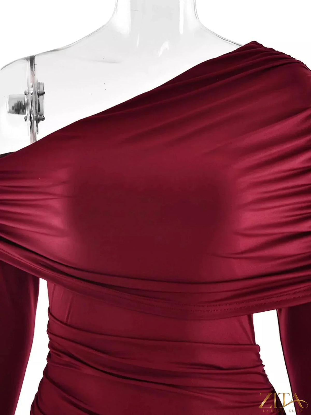 Zita La Belle Elite one-shoulder ruched maxi dress on a model, featuring elegant draping and fitted design for formal occasions.