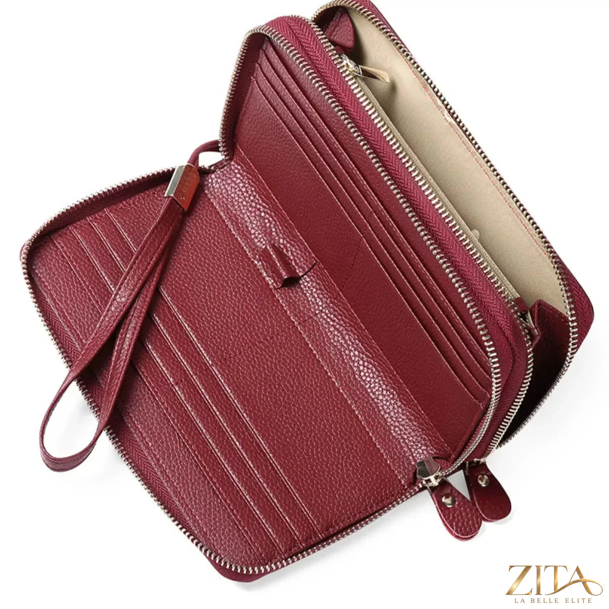 Trendsi double zipper leather wallet with multiple compartments and a sleek black leather exterior.