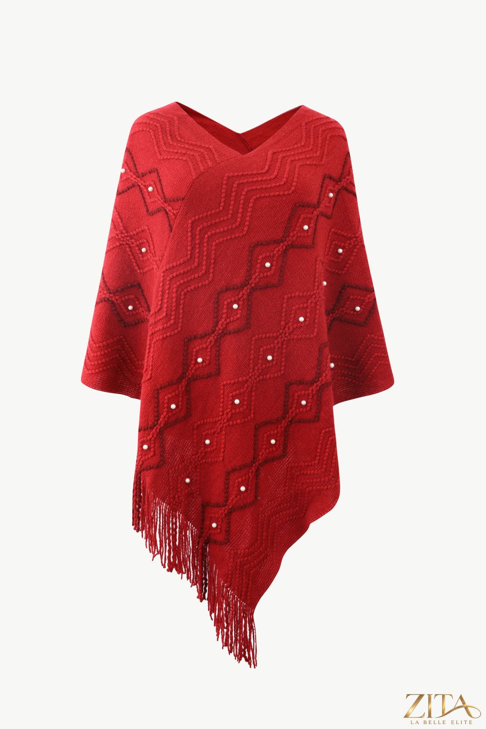 Pearl trim V-neck fringe hem poncho by Trendsi, showcasing lightweight fabric, pearl accents, and stylish fringe details.