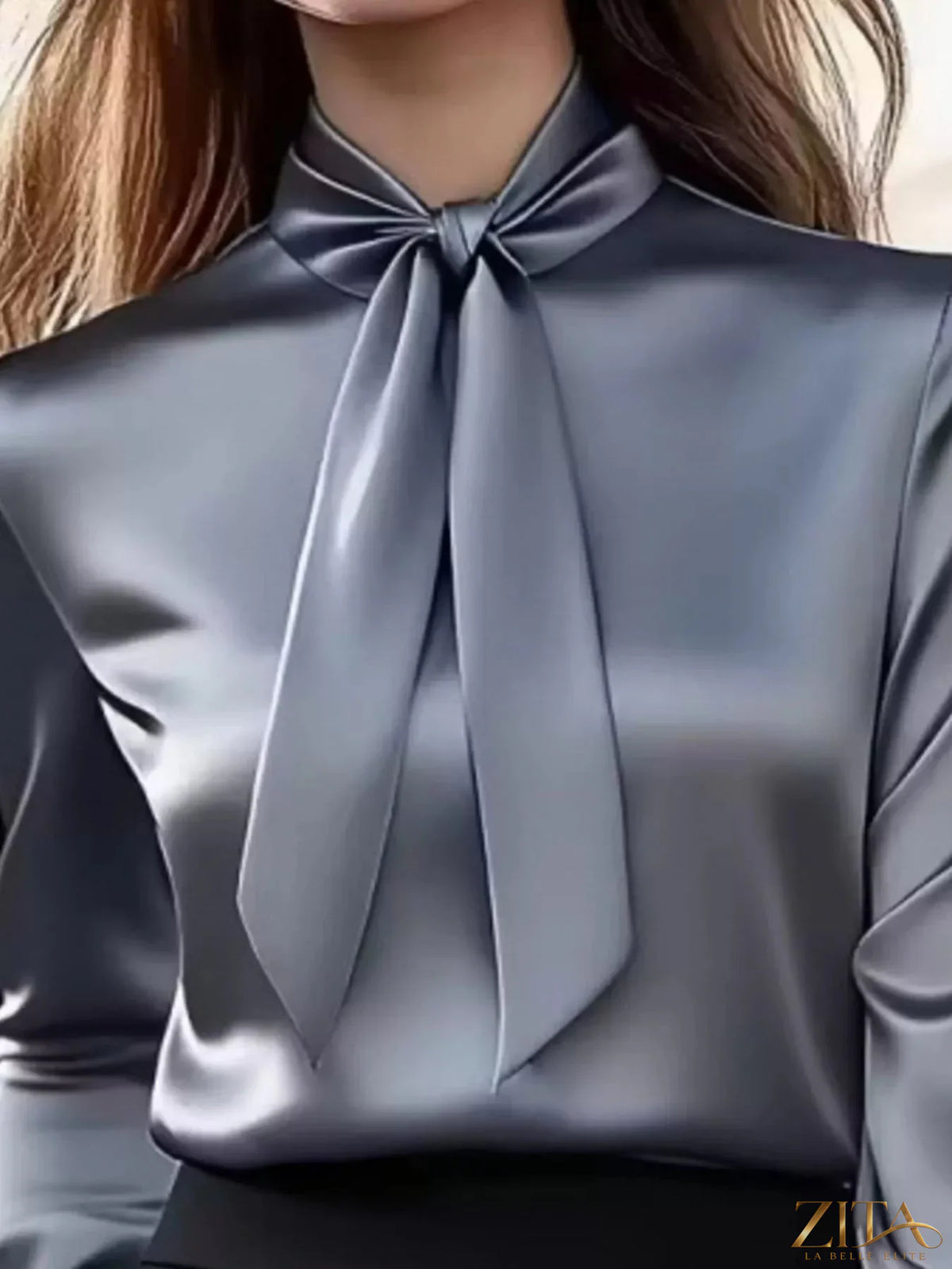 Zita La Belle Elite satin bow tie long sleeve blouse featuring a stylish bow detail and elegant design.