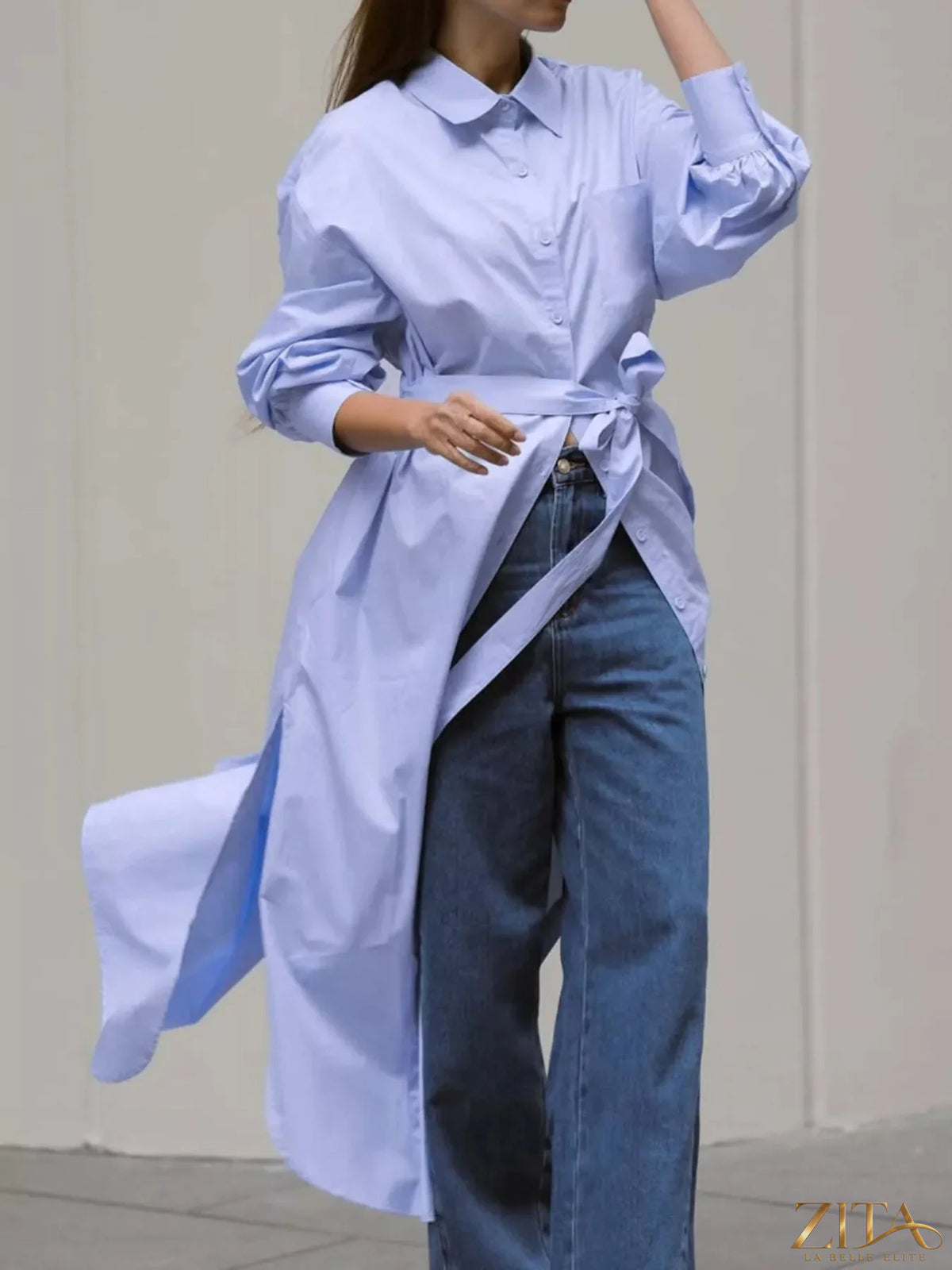 Longline button-down shirt by Zita La Belle Elite, shown in a relaxed fit with a classic collar and button closure.