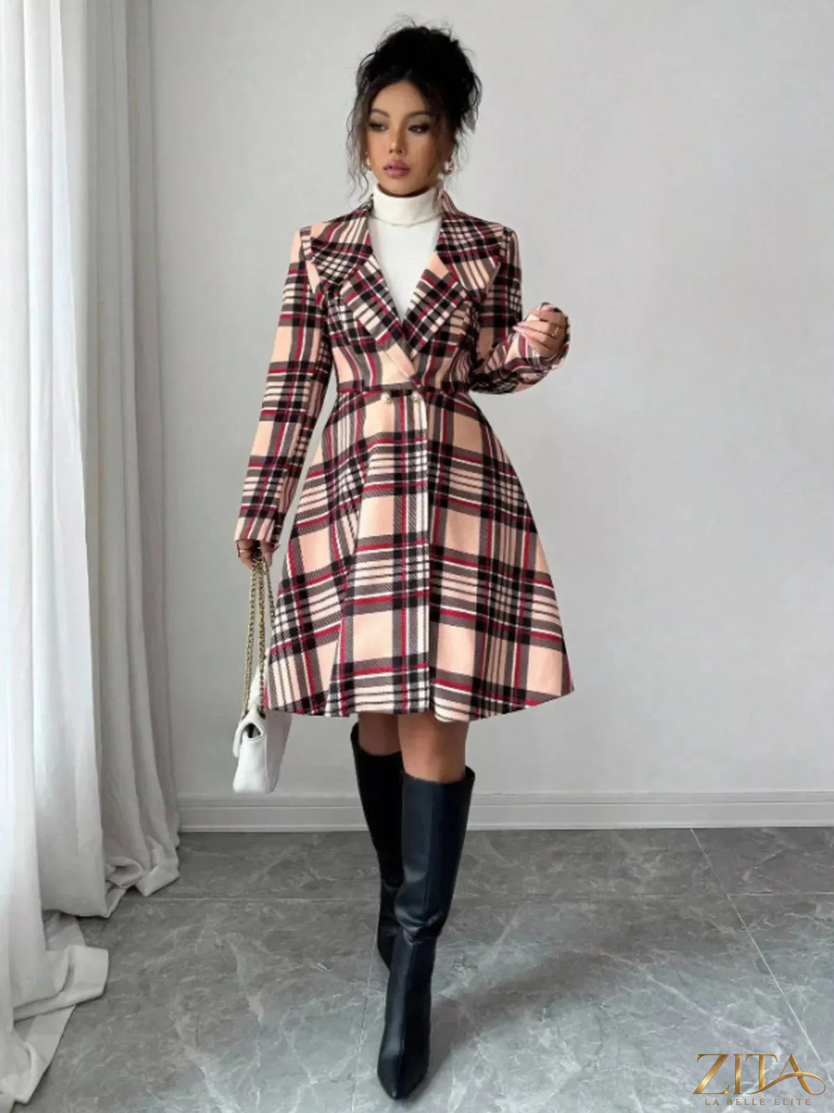 Zita La Belle Elite plaid button-up long sleeve coat with classic pattern and tailored fit, ideal for stylish layered winter wear.