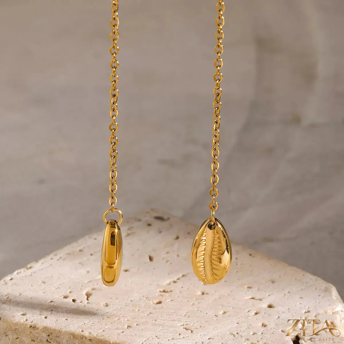 18K gold-plated Y-shaped necklace by Zita La Belle Elite shown on a white background, highlighting its elegant design and chain details.