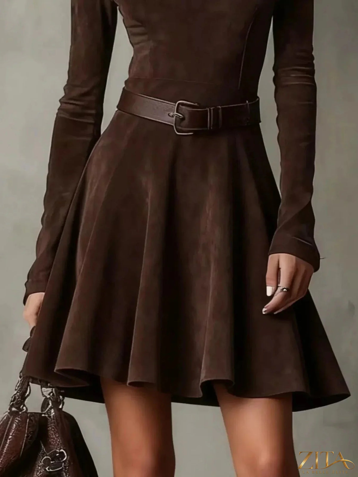 Zita La Belle Elite mock neck A-line dress in soft fabric, featuring a fitted bodice and flared skirt for a stylish silhouette.