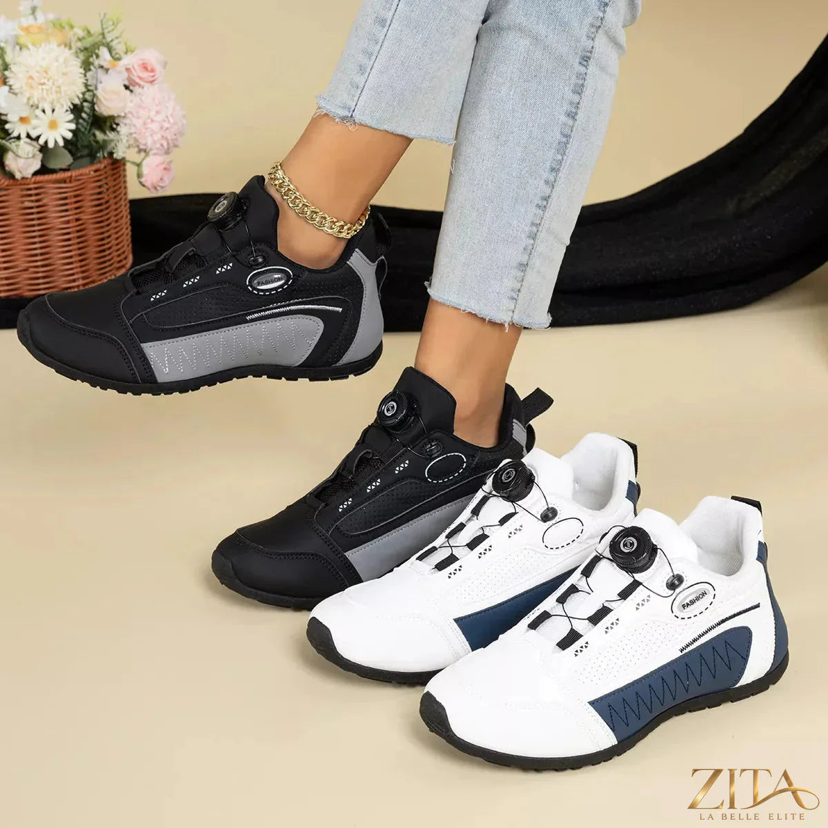 Zita La Belle Elite round toe lace-up sneakers in white with rubber soles and stylish stitching detail.