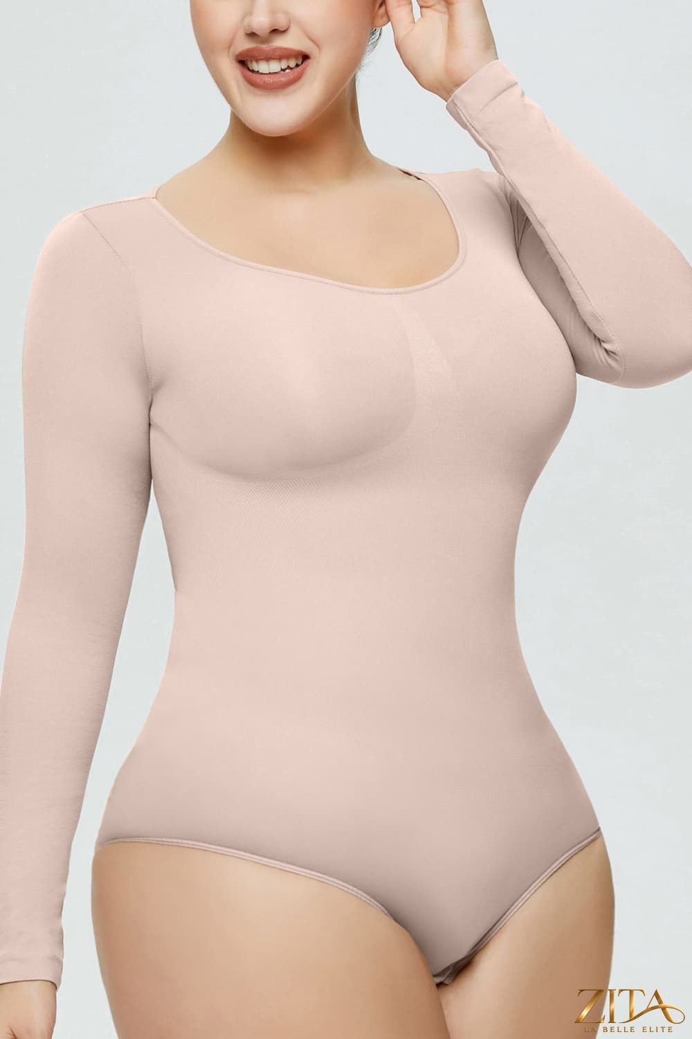 Zita La Belle Elite long sleeve shaping bodysuit displayed on a mannequin, highlighting its fitted design and smooth fabric.