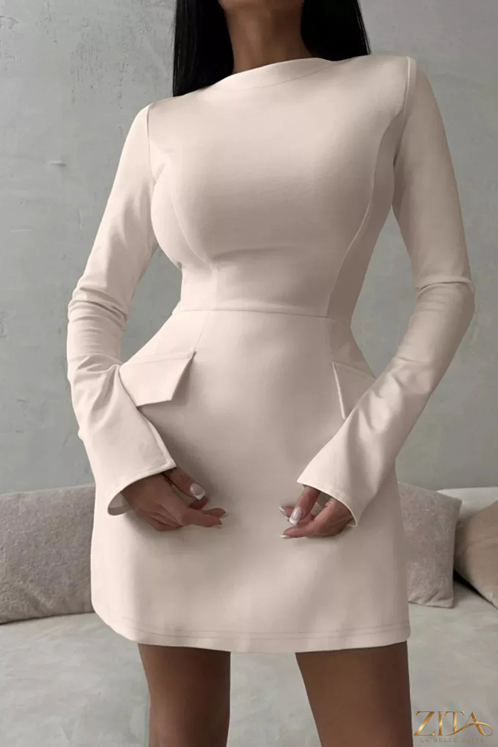 Long-sleeve mini dress with flap pockets by Trendsi, featuring a fitted silhouette and stylish design in a solid fabric.