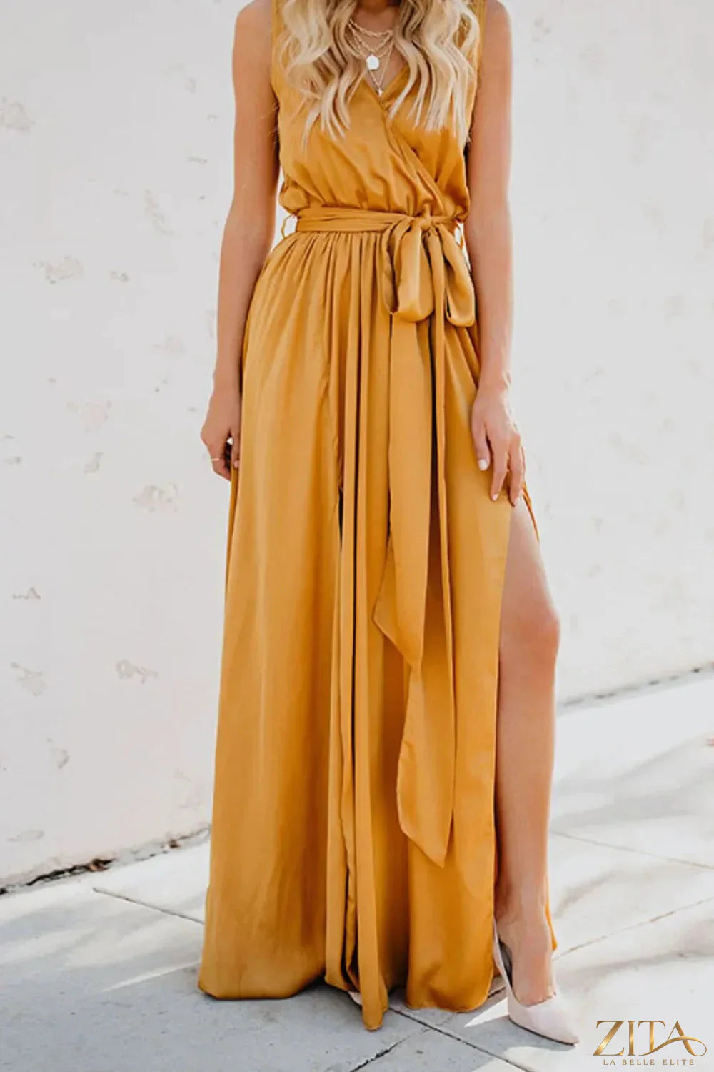Zita La Belle Elite surplice tie waist maxi dress featuring flowing fabric and elegant design, perfect for formal or casual occasions.