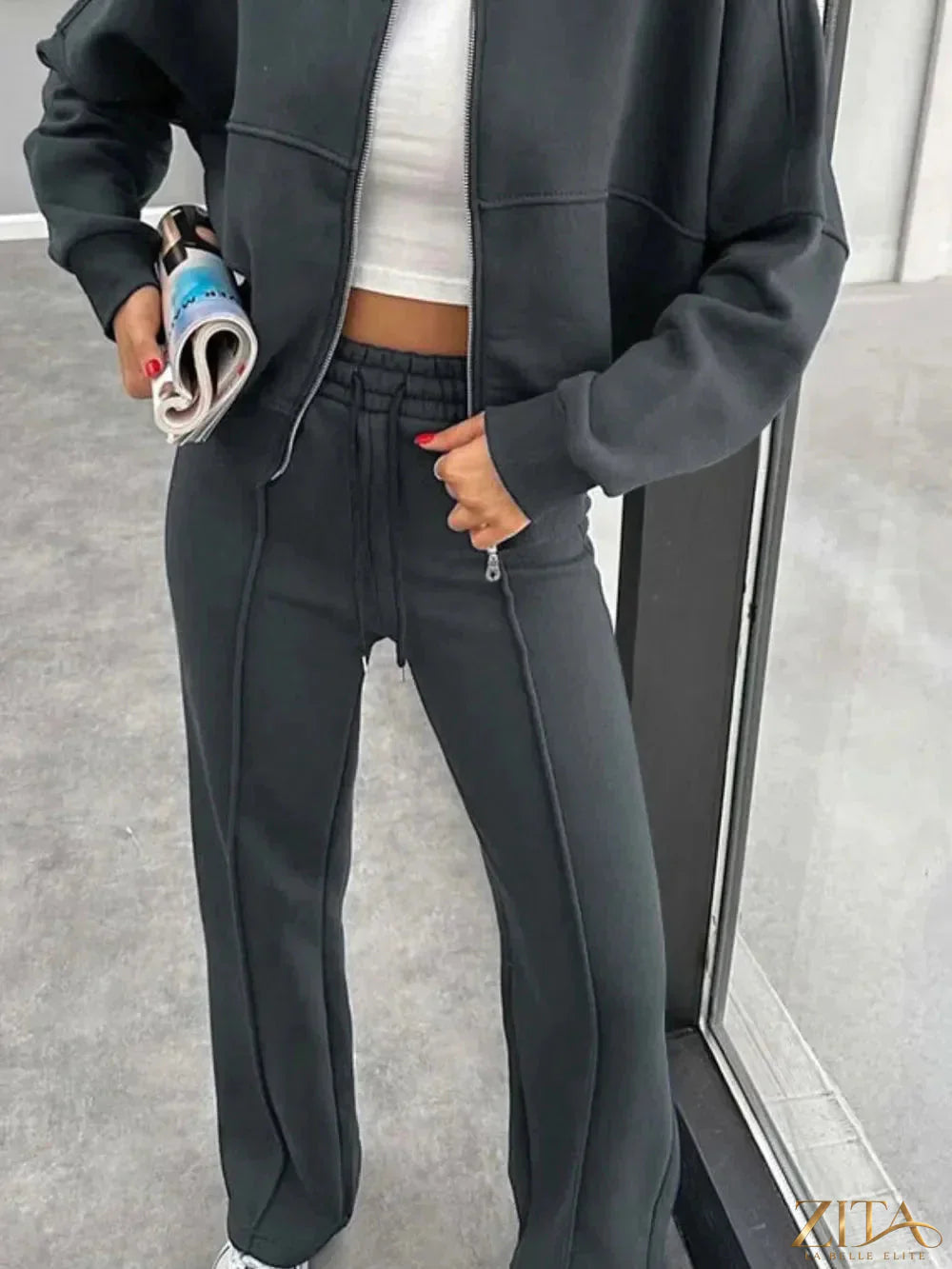 Zita La Belle Elite baseball collar zip-up outerwear and drawstring pants set, navy blue with contrasting white details.