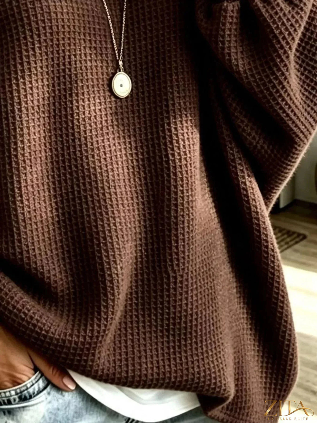 Plus size Zita La Belle Elite waffle knit boat neck sweatshirt featuring a full size fit and cozy textured fabric.