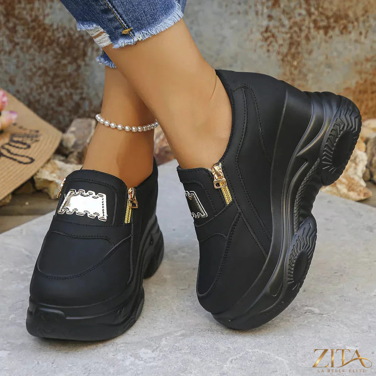 Zita La Belle Elite round toe platform sneakers with white laces and chunky soles, stylish footwear for casual wear