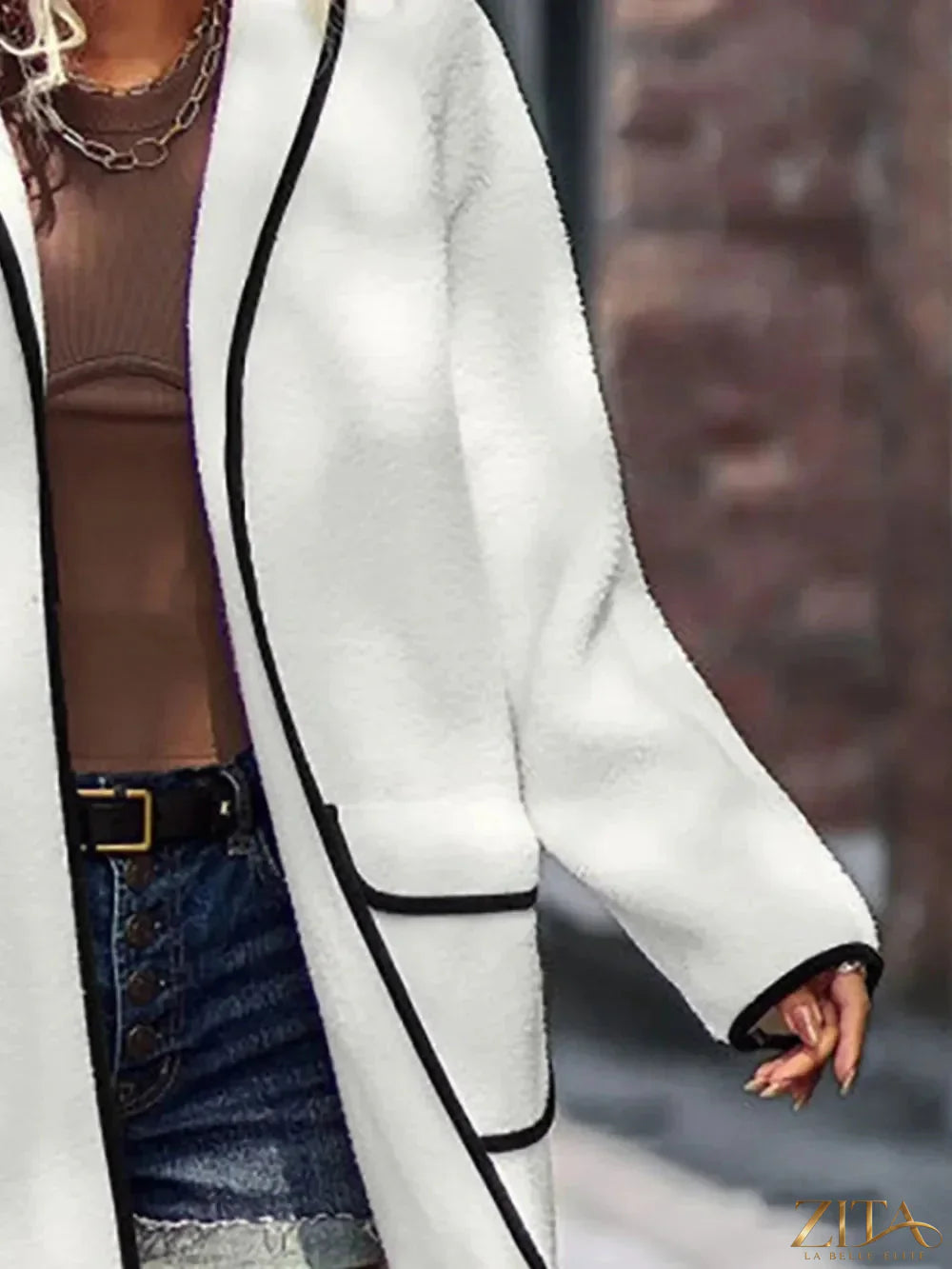Zita La Belle Elite full-size contrast trim long sleeve coat with pockets, showcasing a stylish design and tailored fit.