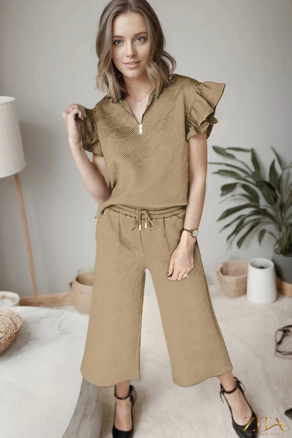 Zita La Belle Elite ruffled quarter zip top and drawstring pants set, soft fabric, stylish loungewear for women.