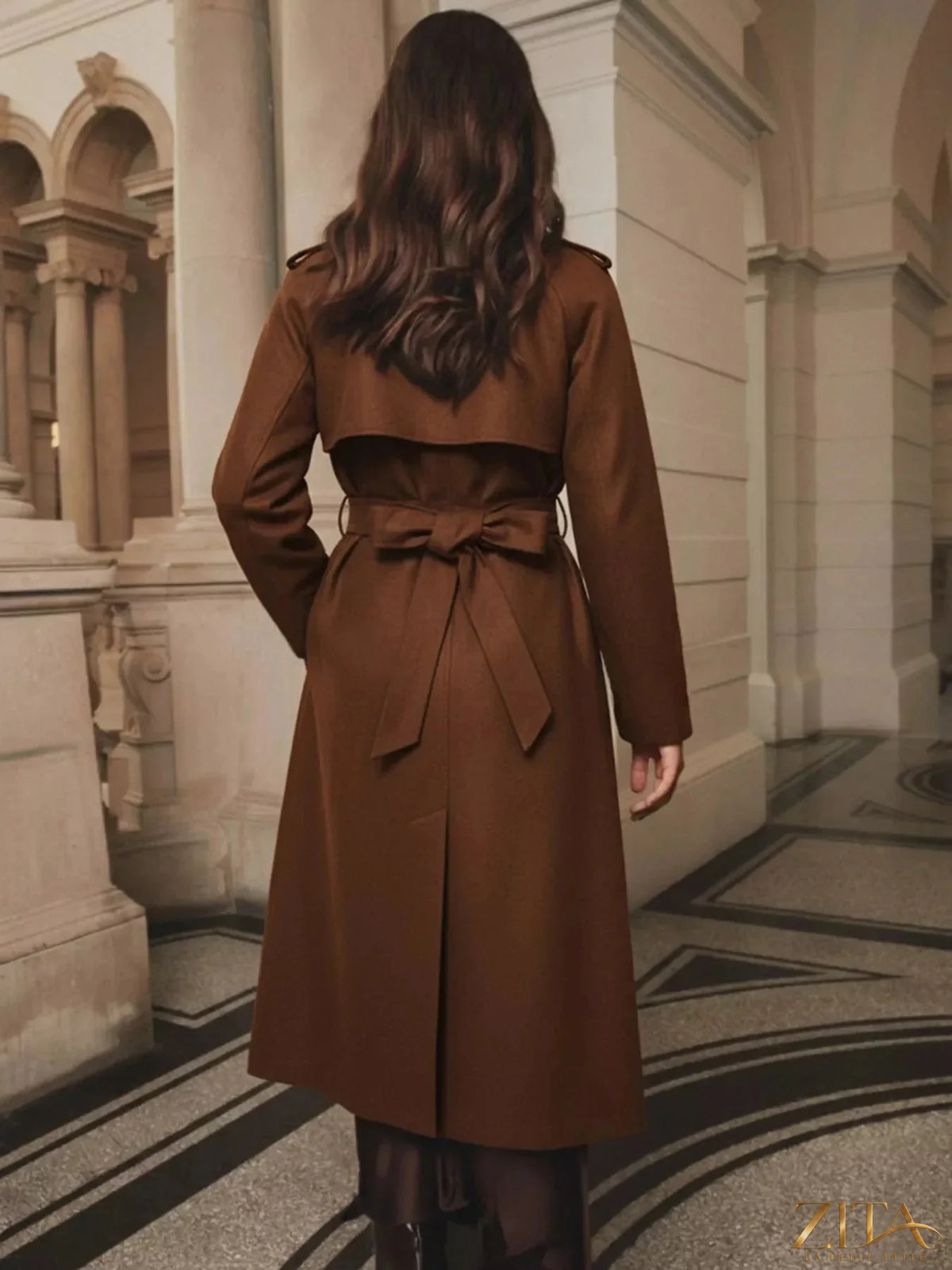 Zita La Belle Elite wool blend coat with lapel collar and belted waist, shown in a stylish, tailored silhouette.