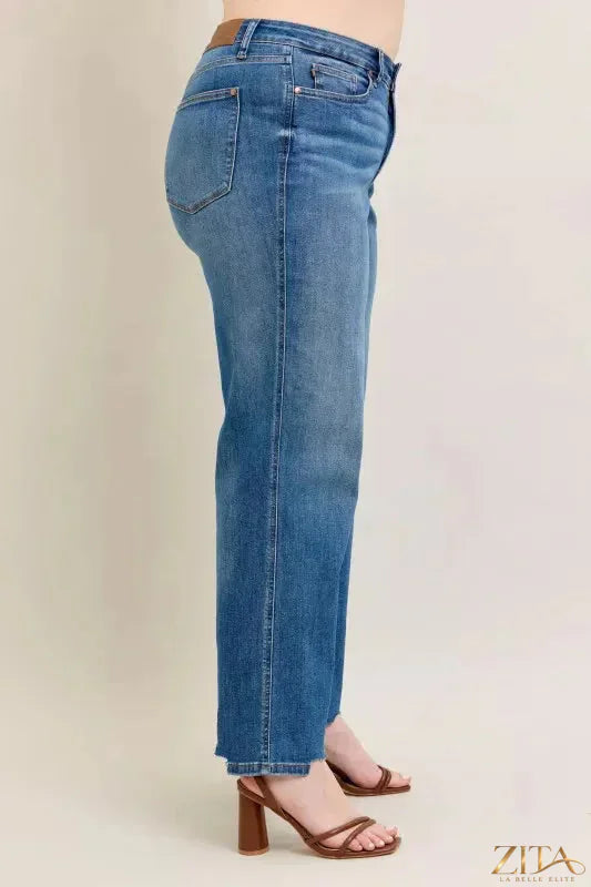 Zita La Belle Elite Judy Blue tummy control distressed wide jeans with frayed hem and faded detailing.