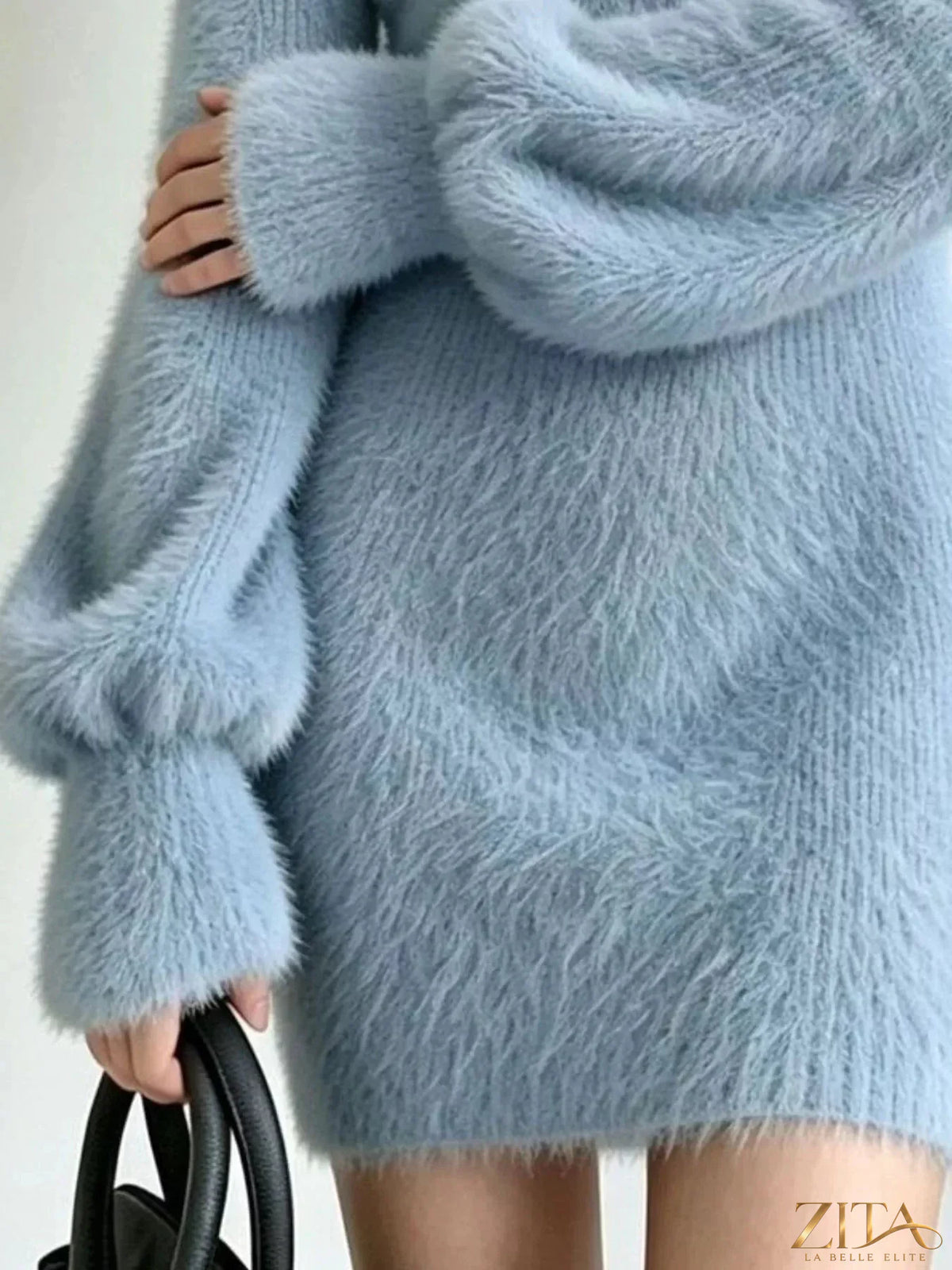 Zita La Belle Elite V-neck fuzzy knit sweater dress featuring long sleeves and a cozy, textured fabric.