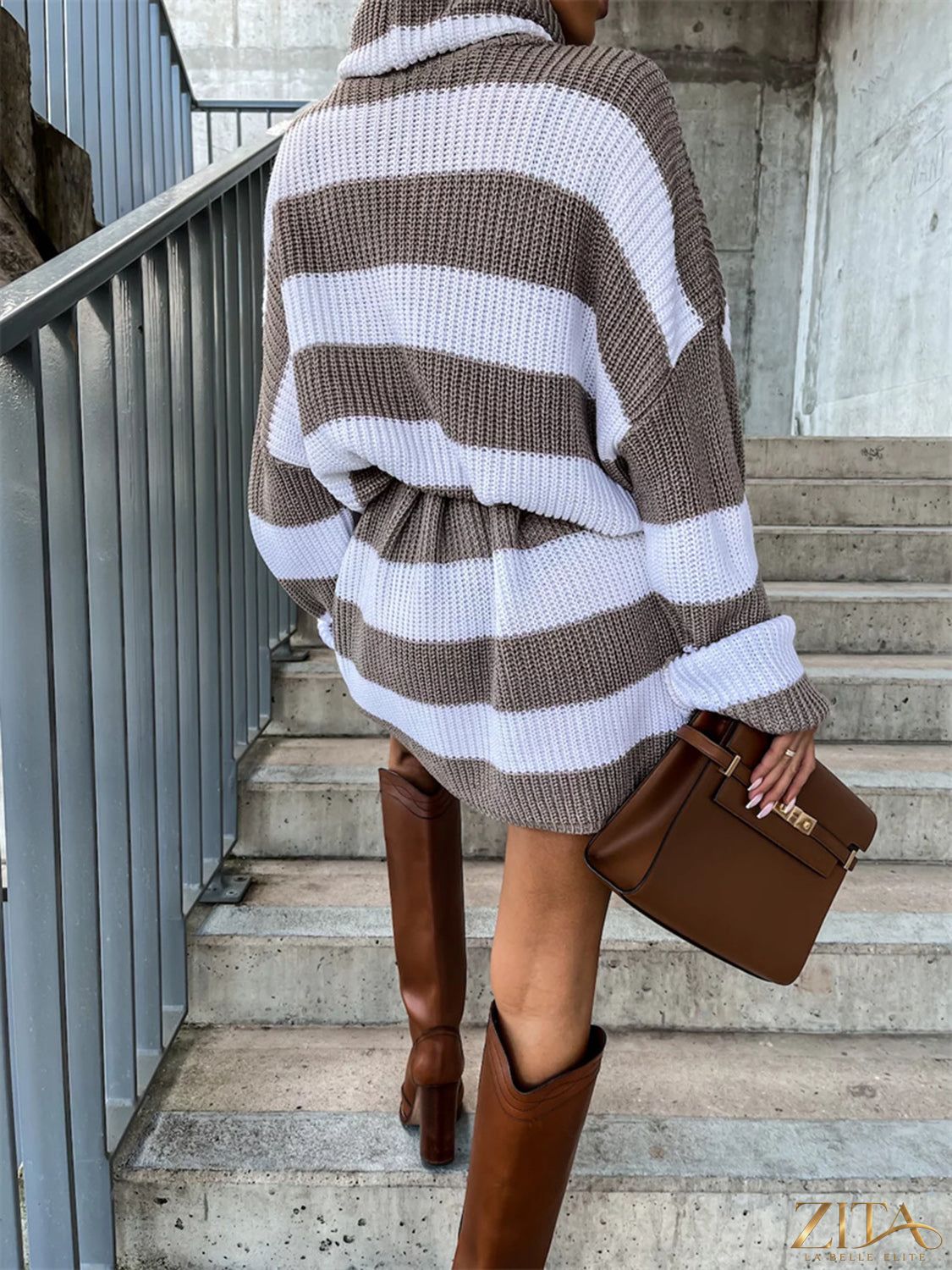 Striped turtleneck sweater dress by Trendsi featuring a fitted silhouette and bold horizontal stripes in various colors.
