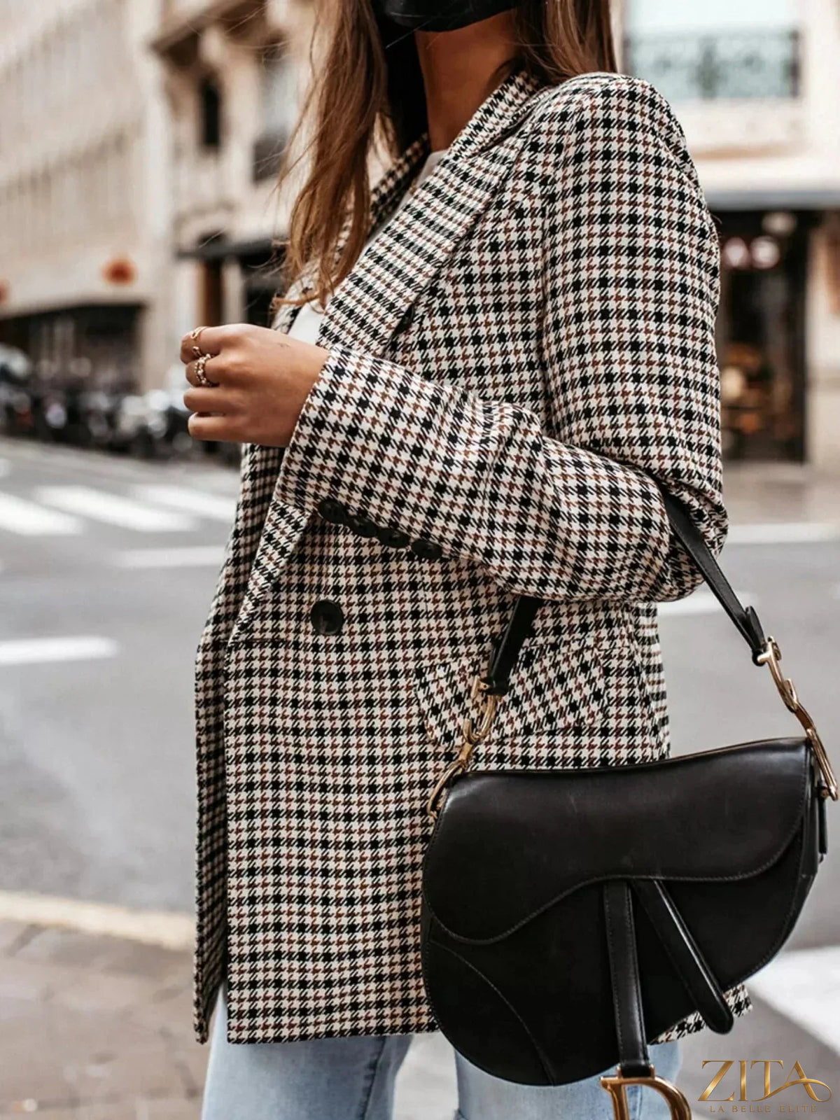 Zita La Belle Elite classic houndstooth double-breasted blazer with tailored fit and notch lapels, displayed on a hanger.