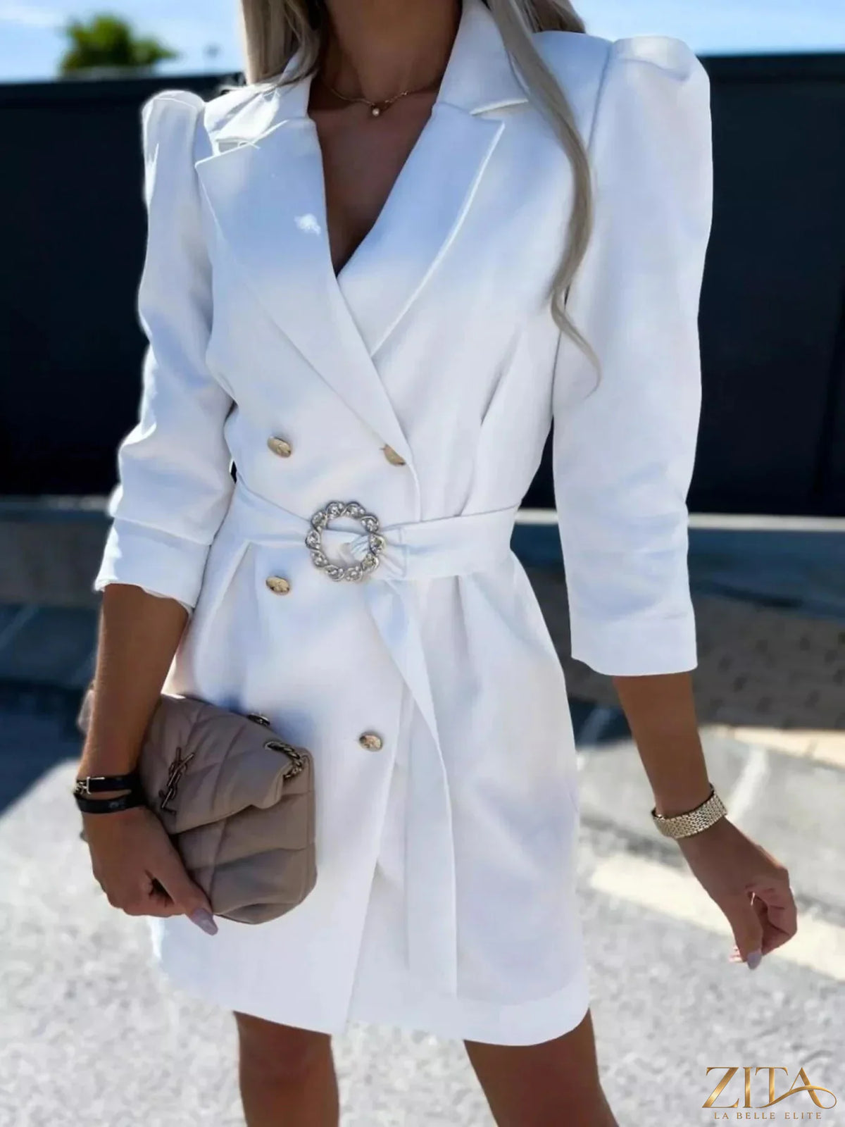 Zita La Belle Elite 3/4 sleeve belted blazer dress, fitted silhouette, with lapel collar and stylish belt at waist.