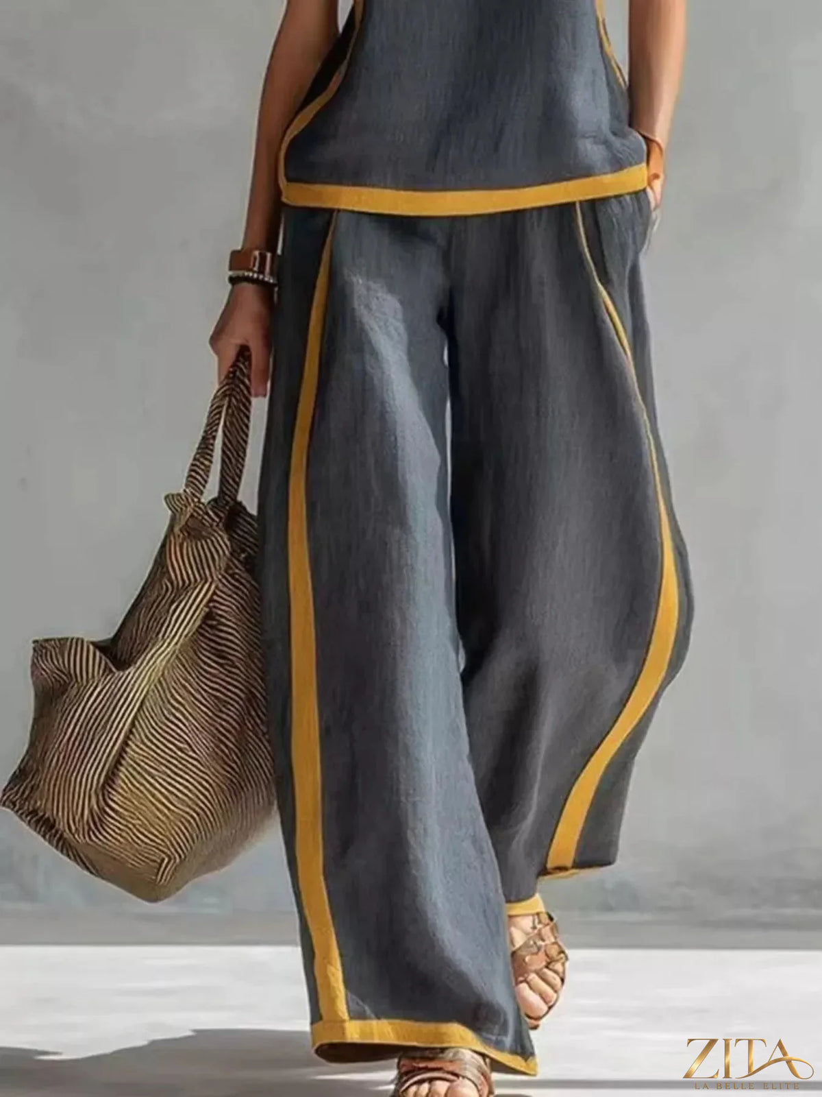 Zita La Belle Elite sleeveless tank top and wide-leg pants set, stylish casual outfit, shown in a relaxed fit with neutral tones.