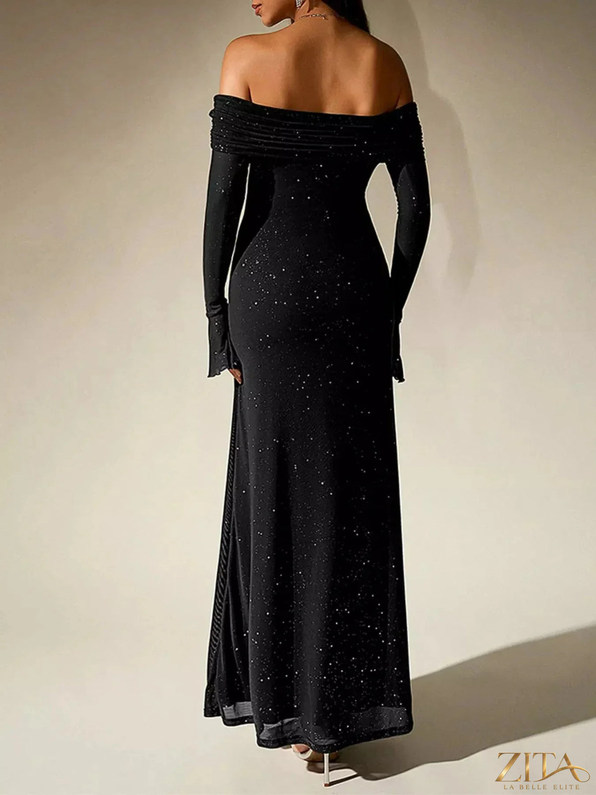 Zita La Belle Elite glitter off-shoulder maxi dress with flowing fabric and elegant design, perfect for formal occasions.