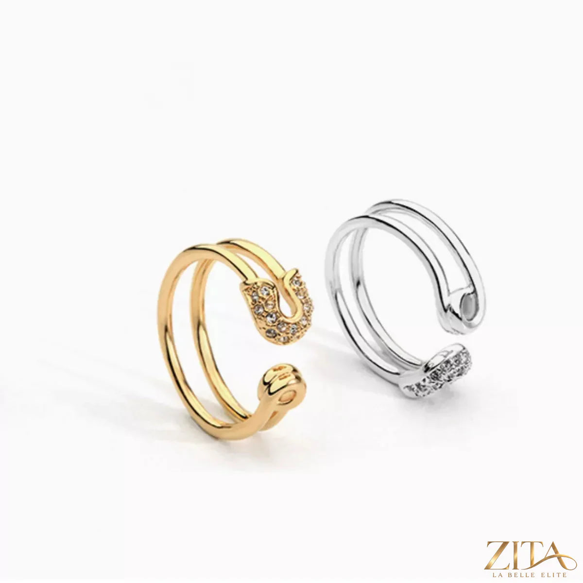 Zita La Belle Elite zircon double band open ring with sparkling stones on a silver-toned metal band.