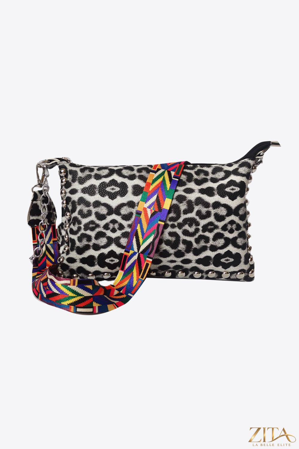 Zita La Belle Elite Adored PU leather shoulder bag with studded design and silver hardware, featuring a spacious interior and adjustable strap.