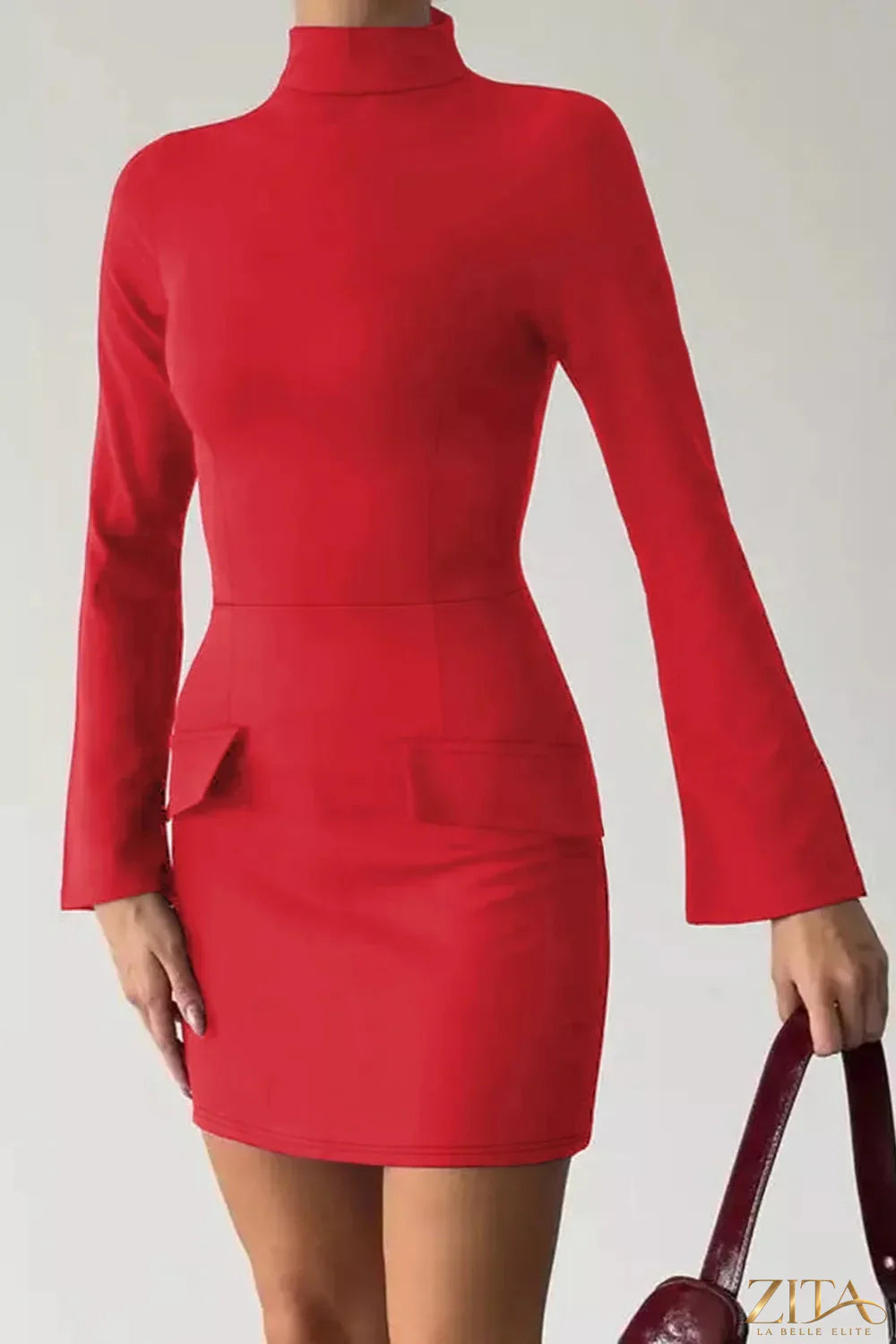 Long-sleeve mini dress with flap pockets by Trendsi, featuring a fitted silhouette and stylish pocket details.