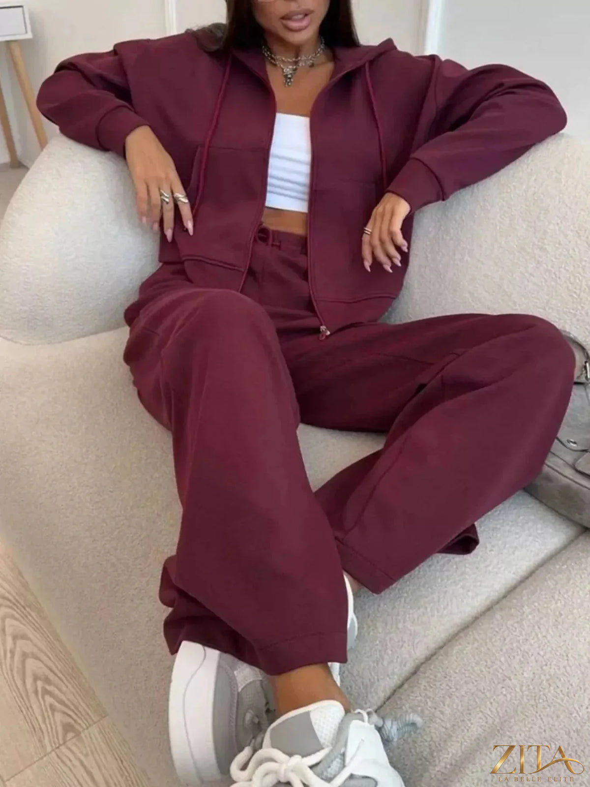 Zita La Belle Elite zip-up hoodie and wide-leg pants set, shown in a casual fit with neutral color and relaxed style.