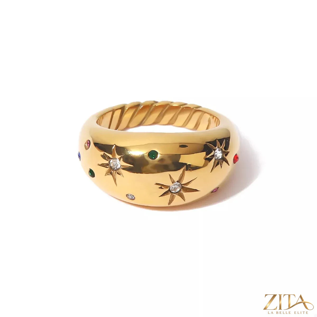 18K gold-plated zircon ring by Zita La Belle Elite with sparkling stones and elegant design on a white background.