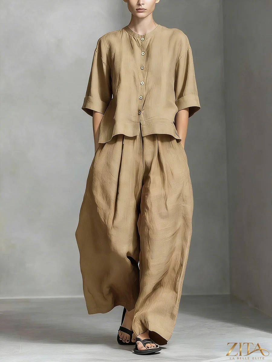 Zita La Belle Elite three-quarter sleeve shirt and loose trousers two-piece set displayed on a model.