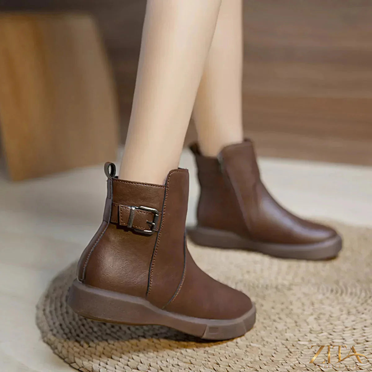Zita La Belle Elite round toe platform boots with chunky heels and sleek black leather finish.